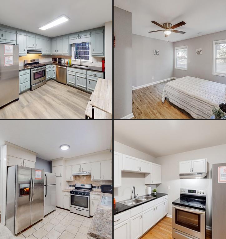 Kitchens and a furnished bedroom from the portfolio homes