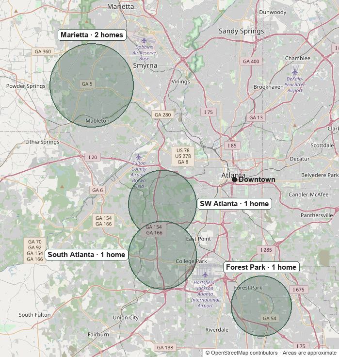 Map of the four approximate areas: Marietta, Southwest Atlanta, South Atlanta, and Forest Park